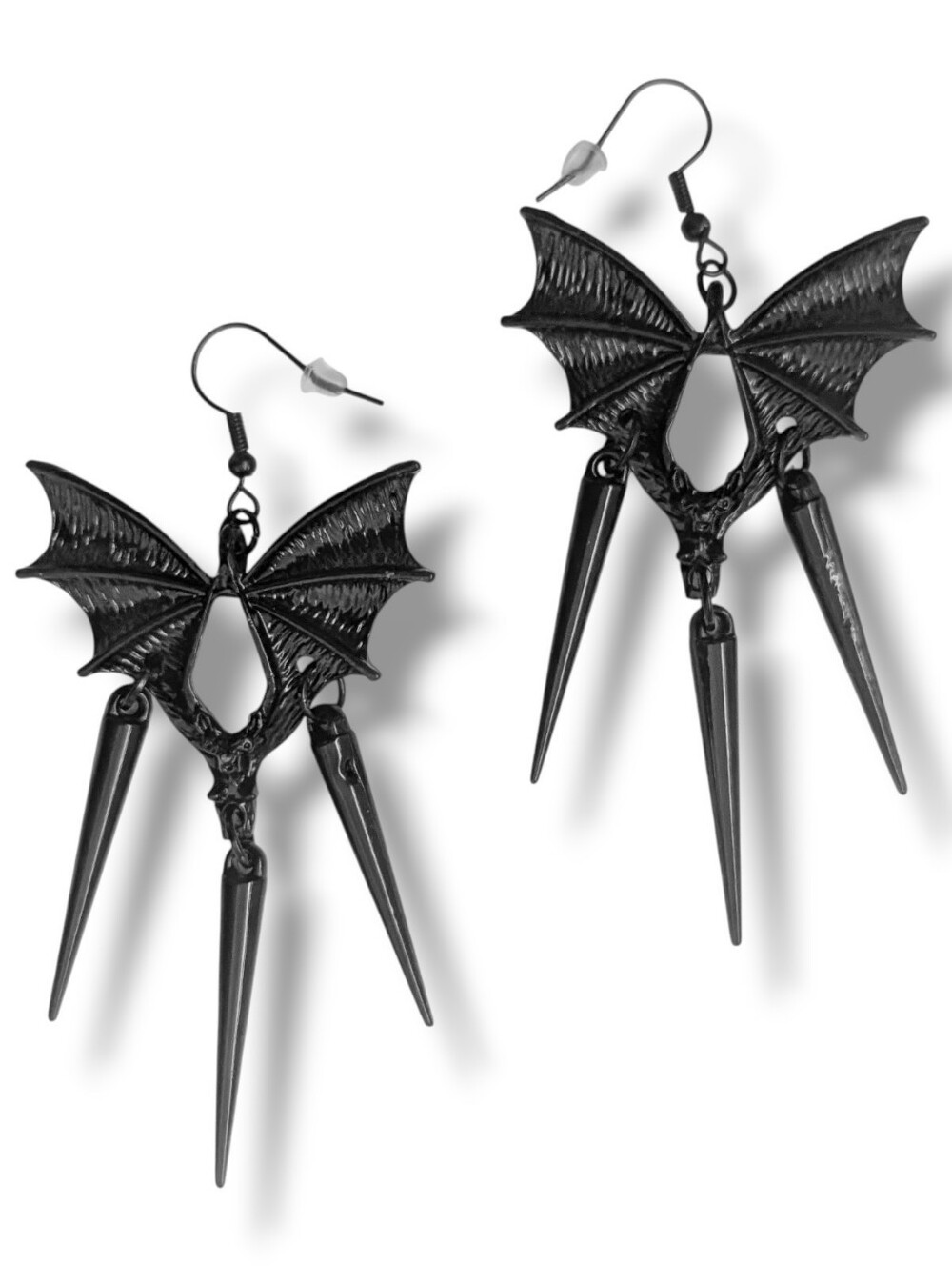 NWT Handmade Large Black Bat Wing and Black Dangly Spike Earrings
